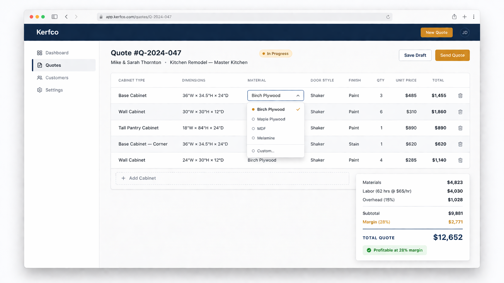 Ripsawn app showing a kitchen remodel quote with cabinet line items, material dropdown, and a pricing summary with materials, labor, overhead, margin, and total.